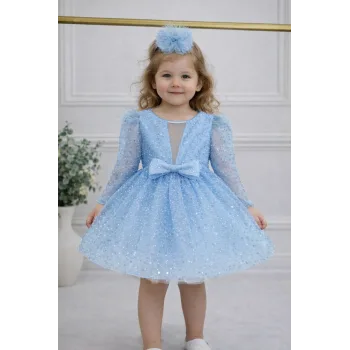 Kız Çocuk Bebe Mavisi Boncuklu Payetli Dekolteli Uzun Kol Kabarık Elbise