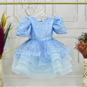 Kız Çocuk Bebe Mavisi Hologramlı Payetli Grenli Kalp Detaylı Kabarık Elbise