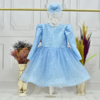 Kız Çocuk Bebe Mavisi Boncuklu Payetli Kabarık Elbise Uzun Kol