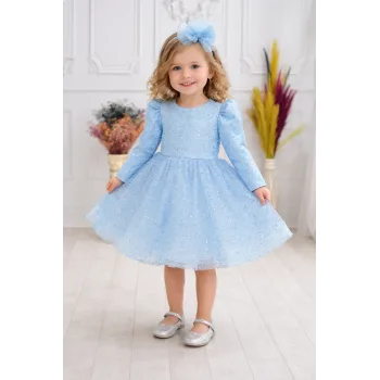 Kız Çocuk Bebe Mavisi Boncuklu Payetli Kabarık Elbise Uzun Kol