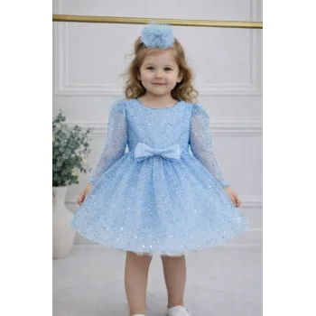 Kız Çocuk Bebe Mavisi Boncuklu Payetli Uzun Kol Kabarık Elbise Abiye Gelinlik