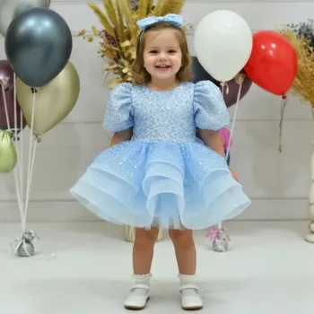 Kız Çocuk Bebe mavisi Kısa Balon Kol Taşlı Boncuklu Elbise