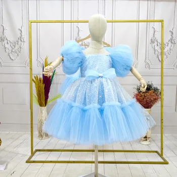 Bebe Mavisi Taşlı Boncuklu Straplez Kabarık Elbise Abiye Gelinlik