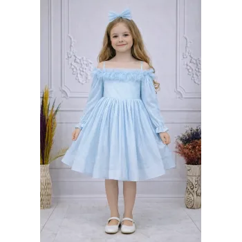 Kız Çocuk Bebe Mavisi Parıltılı Üstü Tül Detaylı Kabarık Elbise