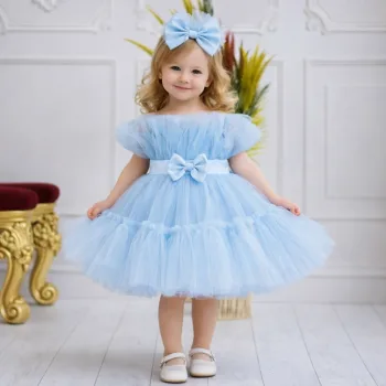 Kız Çocuk Bebe Mavisi Şeffaf Üst Ön Fiyonk Detaylı Kemerli Kabarık Elbise