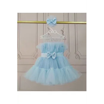 Kız Çocuk Bebe Mavisi Şeffaf Üst Ön Fiyonk Detaylı Kemerli Kabarık Elbise