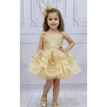 Kız Çocuk Bej Boncuku Payetli Kuyruklu Elbise