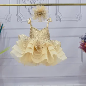 Kız Çocuk Bej Boncuku Payetli Kuyruklu Elbise