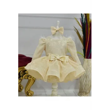 Kız Çocuk Bej Payetli Tüy Detaylı Uzun Kol Bisiklet Yaka Grenli Kabarık Elbise