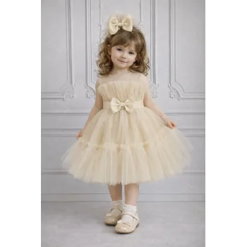 Kız Çocuk Bej Şeffaf Üst Ön Fiyonk Detaylı Kemerli Kabarık