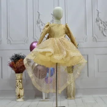 Kız Çocuk Bej Simli Parıltılı Kuyruklu Elbise