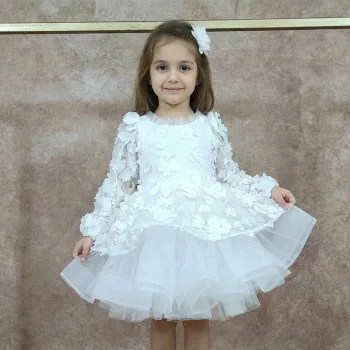 Kız Çocuk Beyaz 3D Gül Çiçek İşleme Kabarık Prenses Kol Elbise