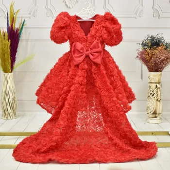 Kız Çocuk Kırmızı Arkası V Yaka Gül Desenli Kısa Balon Kol Elbise Abiye