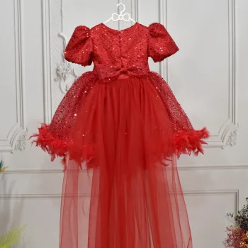 Kız Çocuk Kırmızı Arkası Tüylü Kısa Balon Kol Elbise Abiye