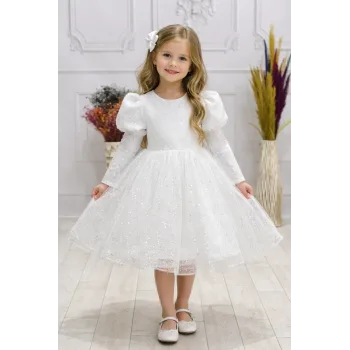 Kız Çocuk Beyaz Boncuklu Balon ve Düz Kol Elbise