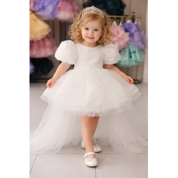 Kız Çocuk Beyaz Boncuklu Kuyruklu Abiye Elbise Gelinllk