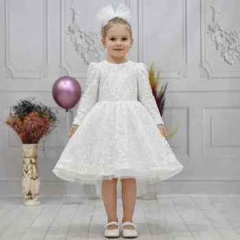 Kız Çocuk Beyaz Boncuklu Payetli Kabarık Elbise Uzun Kol