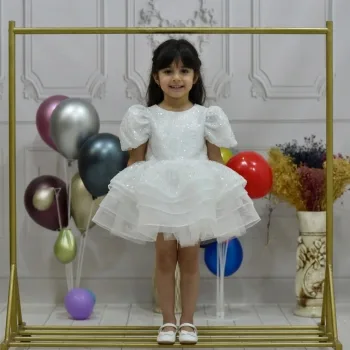 Kız Çocuk Beyaz Boncuklu Payetli Kısa Balon Kol Taşlı Boncuklu Elbise