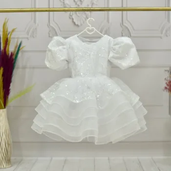 Kız Çocuk Beyaz Boncuklu Payetli Kısa Balon Kol Taşlı Boncuklu Elbise