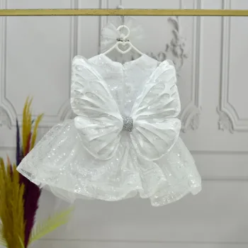 Kız Çocuk Beyaz Boncuklu Payetli Kısa Balon Kol Taşlı Boncuklu Elbise