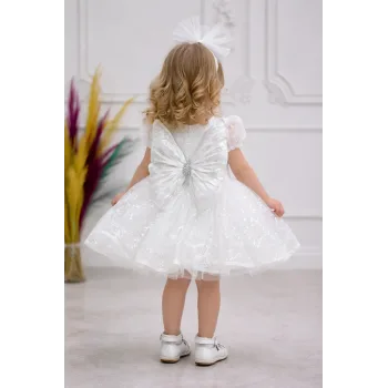 Kız Çocuk Beyaz Boncuklu Payetli Kısa Balon Kol Taşlı Boncuklu Elbise