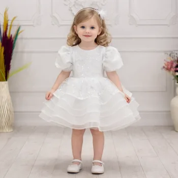 Kız Çocuk Beyaz Boncuklu Payetli Kısa Balon Kol Taşlı Boncuklu Elbise