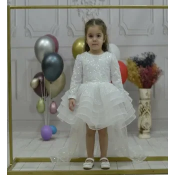 Kız Çocuk Beyaz Boncuklu Payetli Kuyruklu Kabarık Elbise