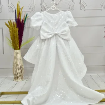 Kız Çocuk Beyaz Boncuklu Payetli Kuyruklu Kabarık Elbise