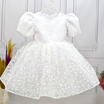 Kız Çocuk Beyaz Desenli Kabarık Elbise