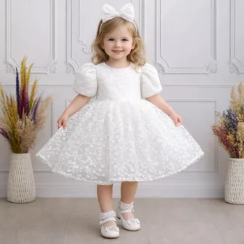 Kız Çocuk Beyaz Desenli Kabarık Elbise