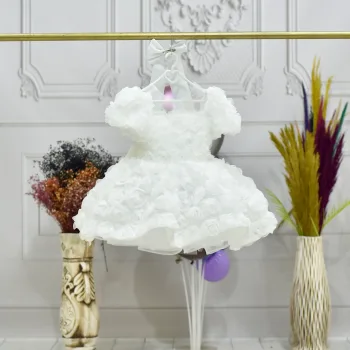 Kız Çocuk Beyaz Gül Desenli Şeffaf Kısa Balon Kol Kabarık Elbise