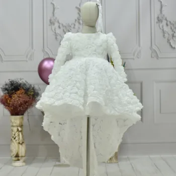 Kız Çocuk Beyaz Gül Desenli Kuyruklu Uzun Kol Elbise Abiye