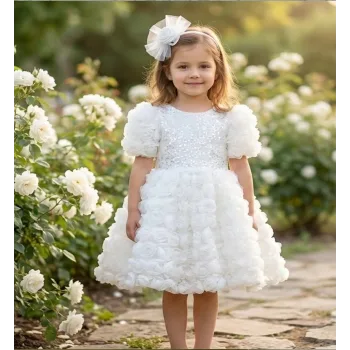 Kız Çocuk Beyaz Gül Desenli ve Boncuklu Kısa Balon Kol