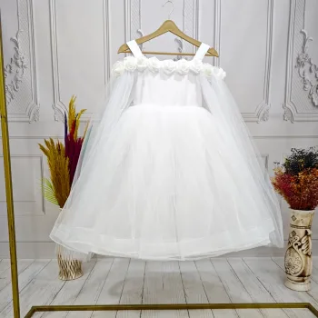 Kız Çocuk Beyaz Gül işleme Elbise Abiye Gelinlik