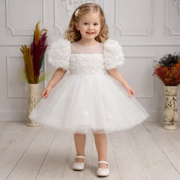 Kız Çocuk Beyaz Güllü incili Etek Detaylı Abiye Elbise