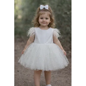 Kız Çocuk Beyaz İncili Kol Tüy Detayli elbise Abiye Gelinlik