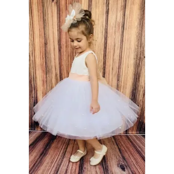 Kız Çocuk Beyaz Incili Somon Kemerli Kabarık Elbise