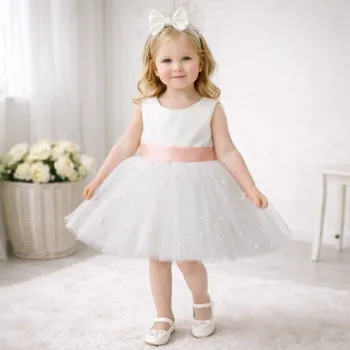 Kız Çocuk Beyaz Incili Somon Kemerli Kabarık Elbise