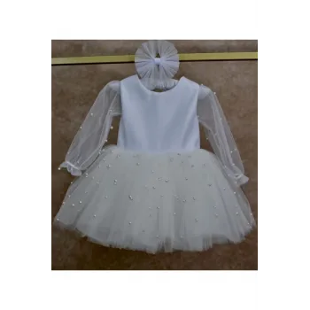 Kız Çocuk Beyaz İncili Uzun Kol Kabarık Elbise