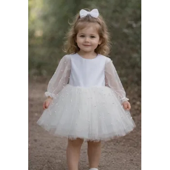 Kız Çocuk Beyaz İncili Uzun Kol Kabarık Elbise