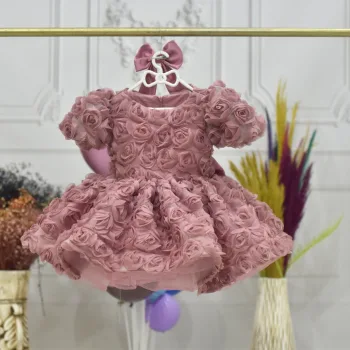 Kız Çocuk Gül Kurusu Gül Desenli Kısa Balon Kol Kabarık Elbise