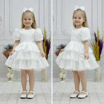 Kız Çocuk Beyaz Kat Kat Etekli Kabarık Elbise