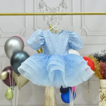 Kız Çocuk Bebe mavisi Kısa Balon Kol Taşlı Boncuklu Elbise