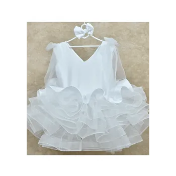 Kız Çocuk Beyaz Kolsuz Tül ve Fiyonk Detaylı Omuz Elbise