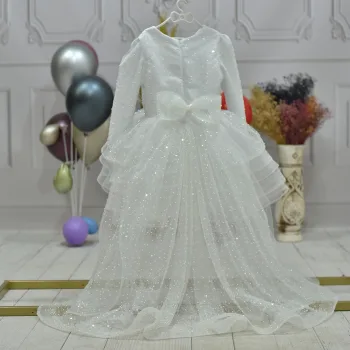 Kız Çocuk Beyaz Boncuklu Payetli Kuyruklu Kabarık Elbise