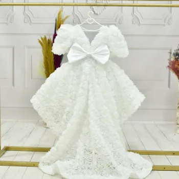 Kız Çocuk Beyaz Arkası V Yaka Gül Desenli Kısa Balon Kol Elbise Abiye