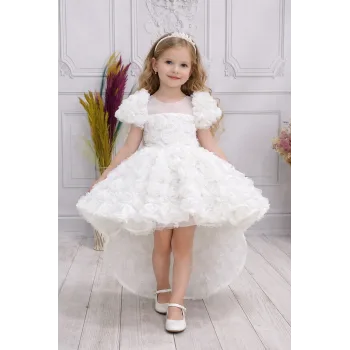 Kız Çocuk Beyaz Kuyruklu Şeffaf Gül Desenli Kısa Balon Kol Elbise Abiye