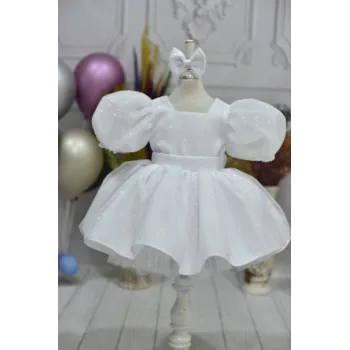 Kız Çocuk Beyaz Parıltılı Dalgalı Tül Kabarık Elbise