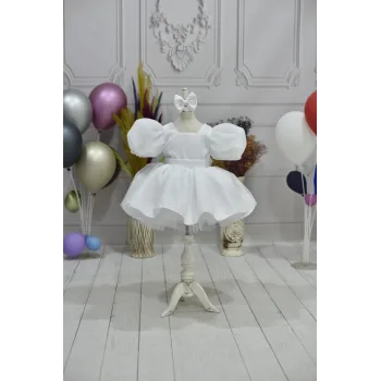 Kız Çocuk Beyaz Simli Parıltılı Dalgalı Tül Kabarık Elbise
