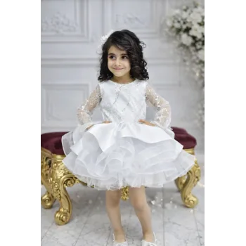 Kız Çocuk Beyaz Parıltılı Payetli Uzun Kol Etekli Grenli Kabarık Elbise